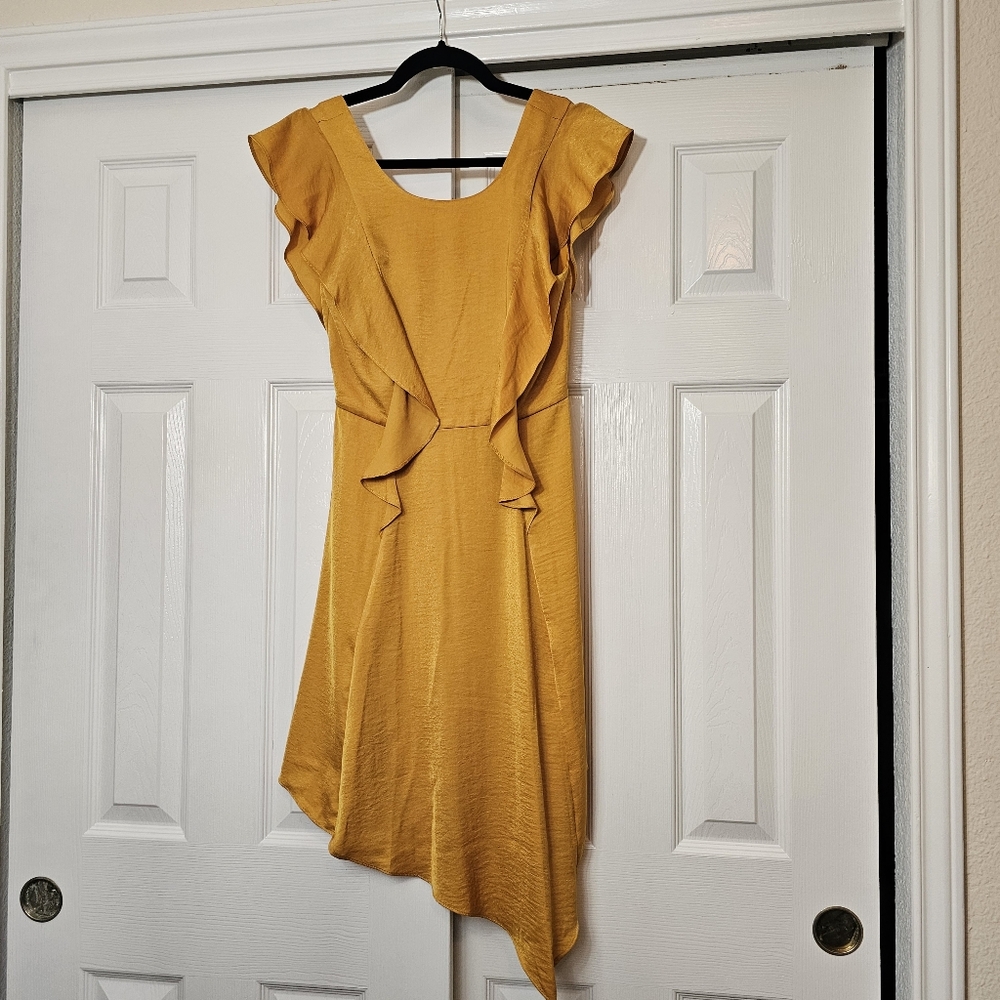 BCBGeneration Satin Ruffle Asymmetric Gold Satin Dress 2